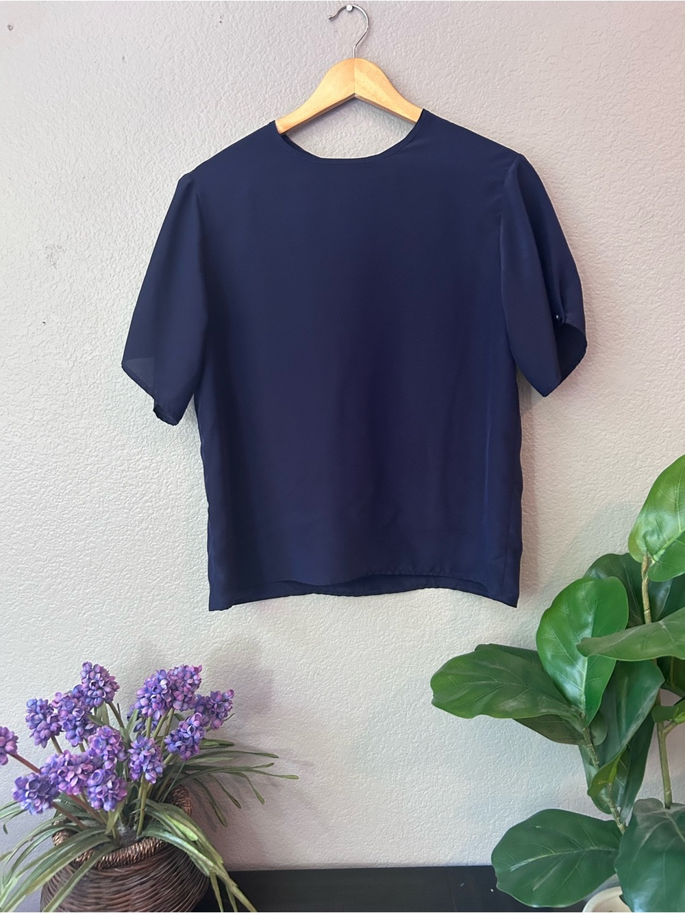 Women's Navy Short-Sleeve Blouse Size Small | Work Office Wear Coastal Grandma